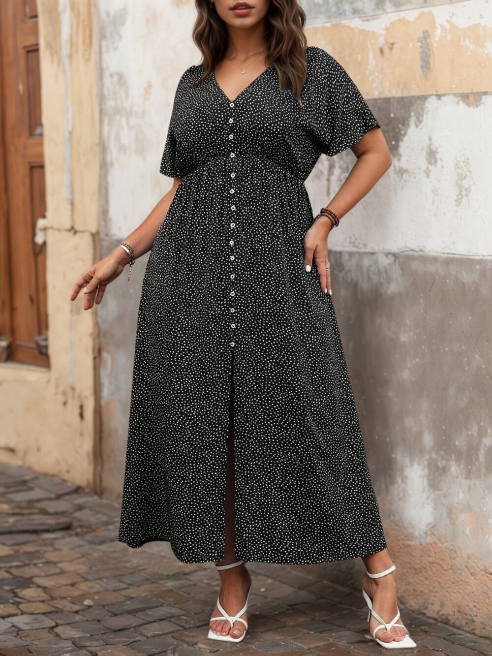 V-neck printed dress - black